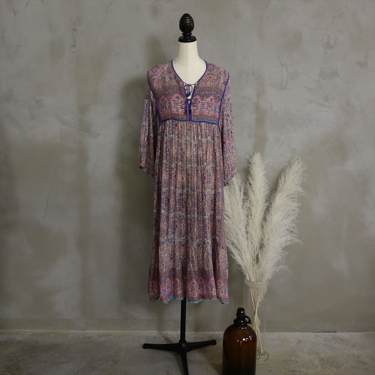 古着 70s Vintage 総柄 インド綿 ワンピース Flamingo Online 古着屋フラミンゴ オンラインショップ