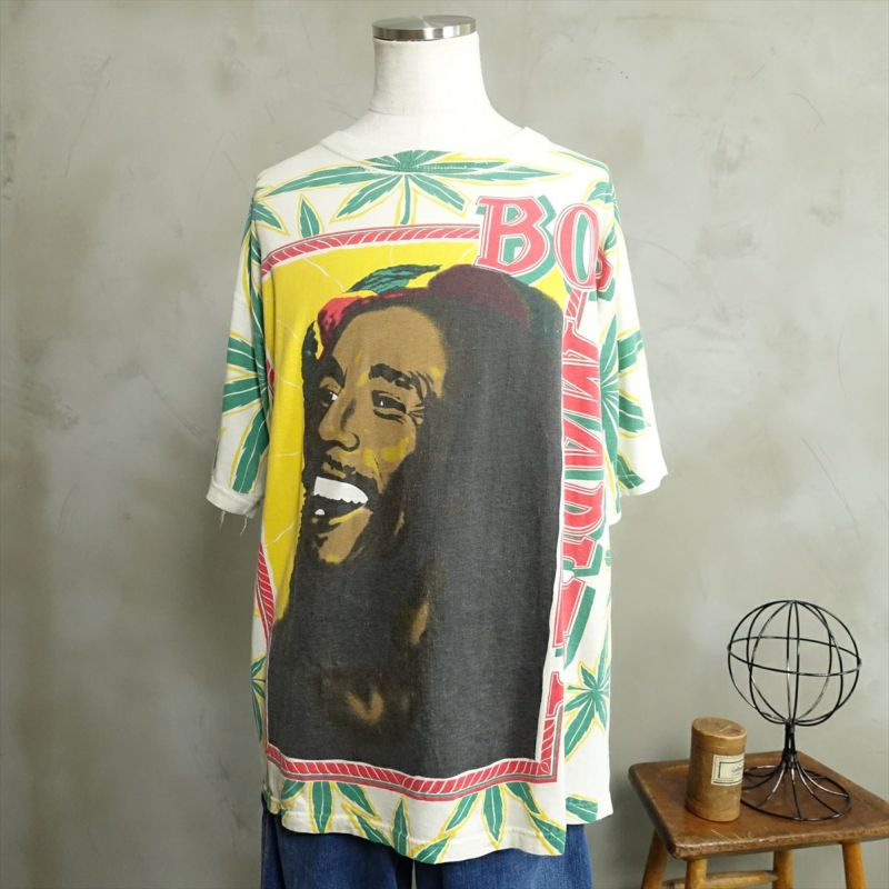 L　90s　Tシャツ　ボブマーリー　オフホワイト　白　総柄　ヴィンテージ　古着 80年代 ヴィンテージTシャツ ボブマーリー Bob Marley オフ