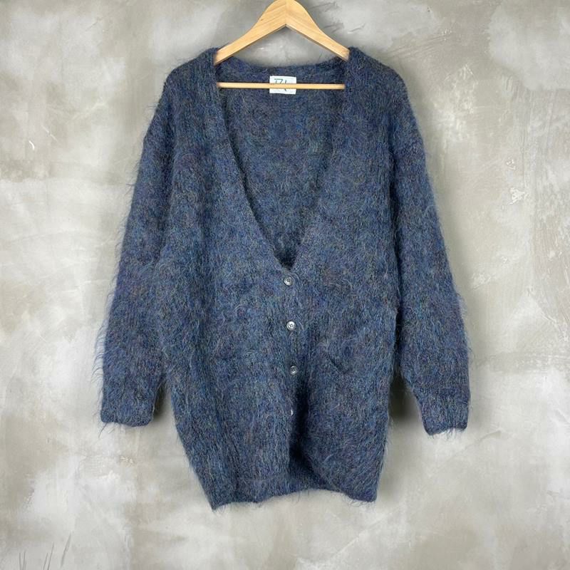 ビンテージ 70s 手編 モヘア しょっぱくっ ニット カーディガン 青  